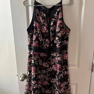 Black A-line Mini Dress with Floral Embroidery & Mesh Panels